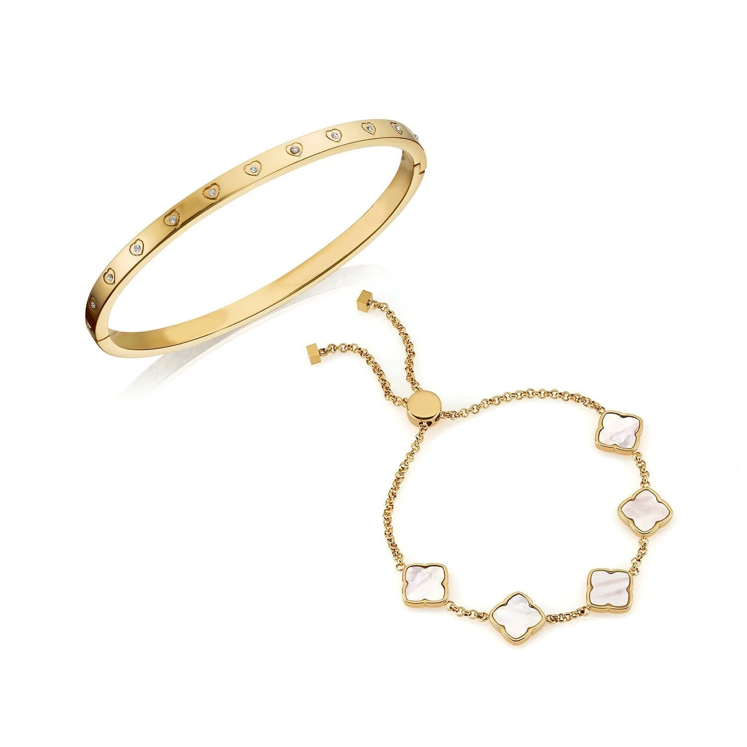 Crystal Heart Bangle & Multi Pearl Clover Bracelet Bundle (Gold) | Abbott Lyon