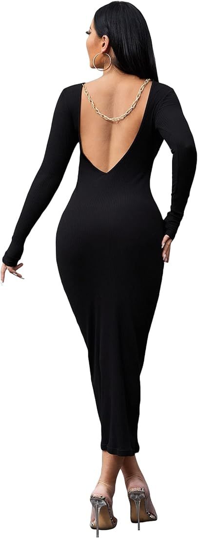 OYOANGLE Women's Elegant Chain Backless Long Sleeve Boat Neck Ribbed Knit Bodycon Maxi Dress | Amazon (US)