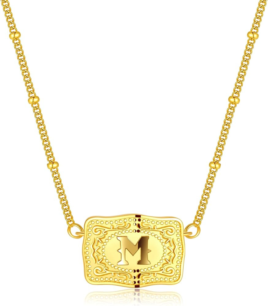 Mini Belt Buckle Initial Necklace for Women, 18K Gold/Silver Plated Initial Letter Pendant, Belt ... | Amazon (US)