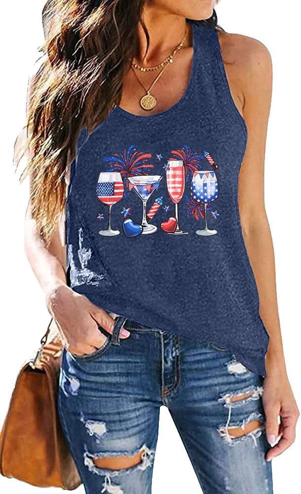 American Flag T Shirt Women 4th of July Tank Tops Red White and Blue Shirts Funny Wine Glass Grap... | Amazon (US)