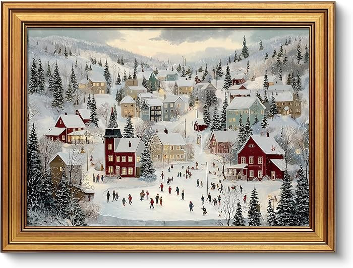 VIYYIEA Gold Framed Canvas Art, Vintage Christmas Landscape Decor, 12x16Inch, Winter Village Skat... | Amazon (US)