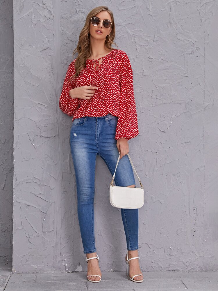 SHEIN Tie Neck Lantern Sleeve Ditsy Floral Top | SHEIN