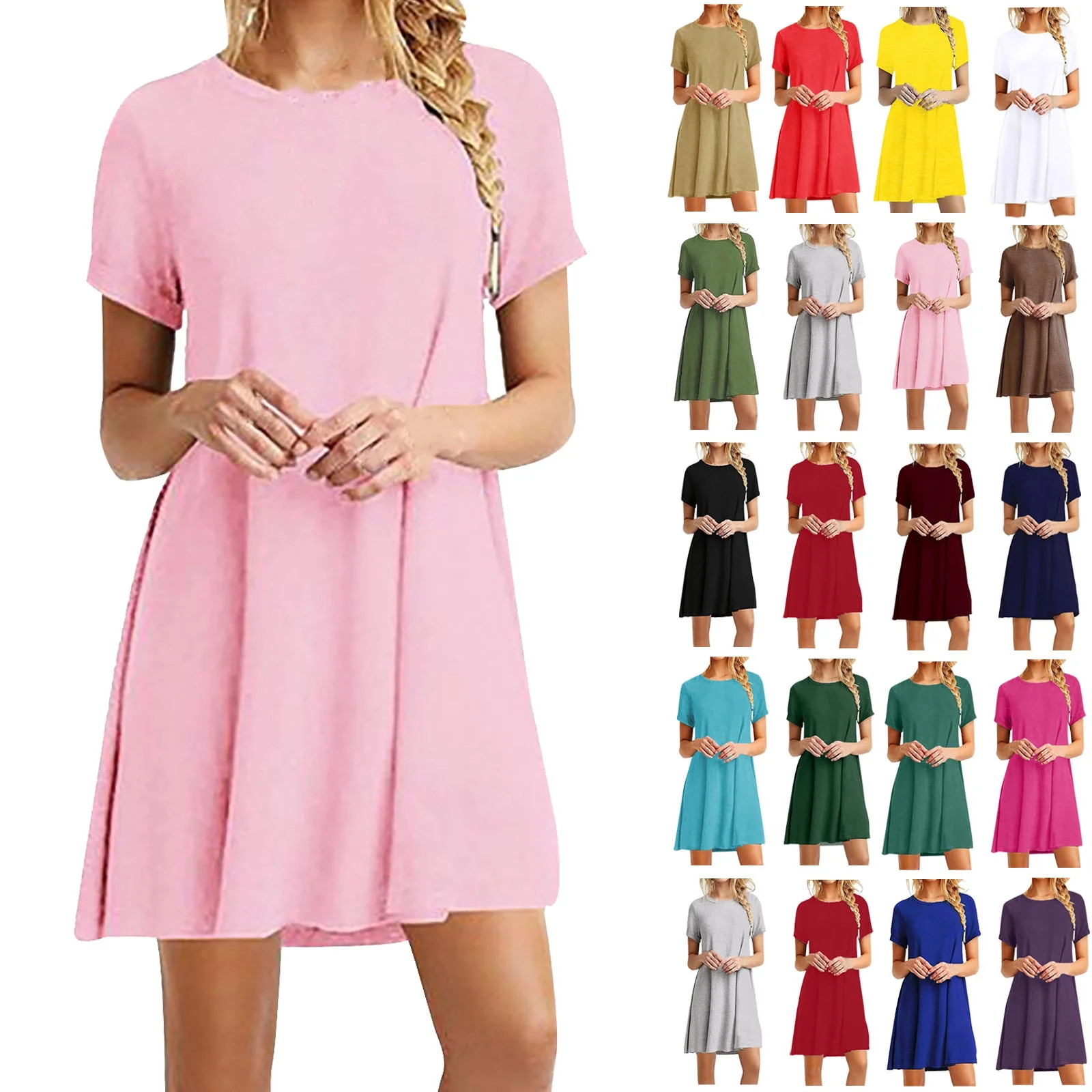 Summer Dresses for Women Lenago Casual Short Sleeve Dress Standard-Fit Midi T-Shirt Crewneck Sund... | Walmart (US)