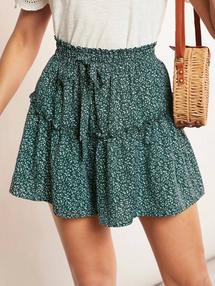 EMERY ROSE Allover Print Paperbag Waist Frill Trim Shorts | SHEIN