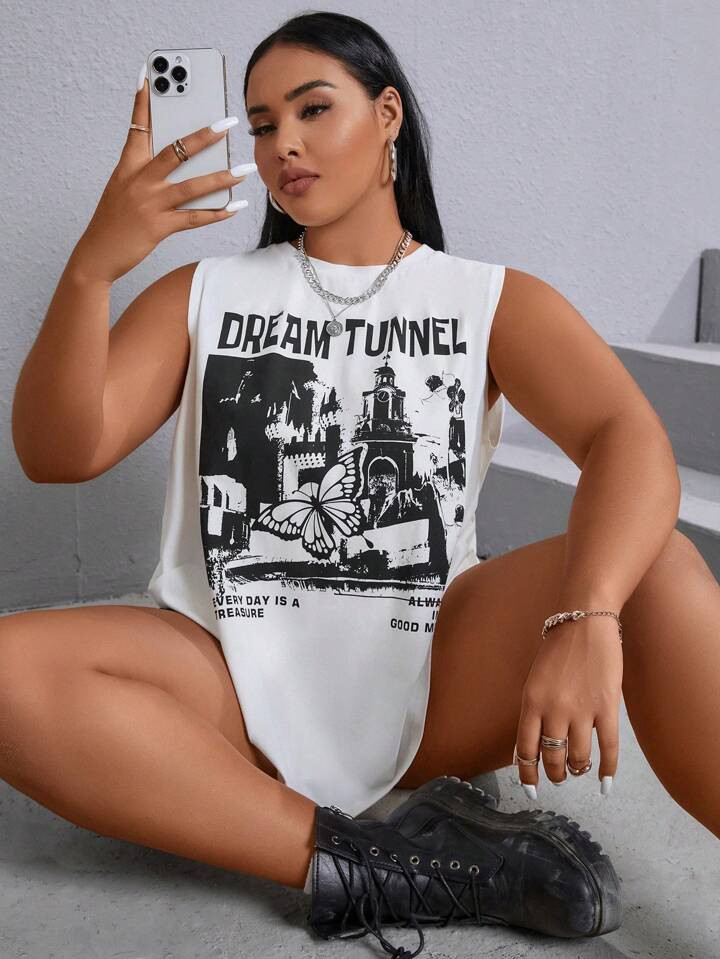 SHEIN EZwear Plus Butterfly & Slogan Graphic Tank Top | SHEIN