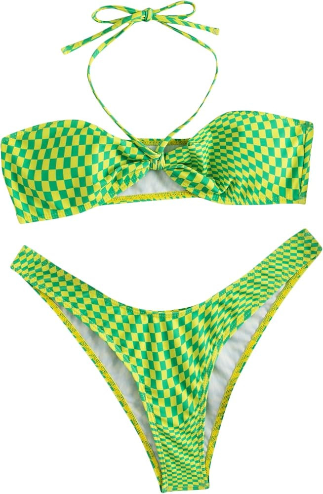MakeMeChic Women's Plaid High Cut Halter Self Tie Front Bikini Set 2 Piece Swimsuit | Amazon (US)