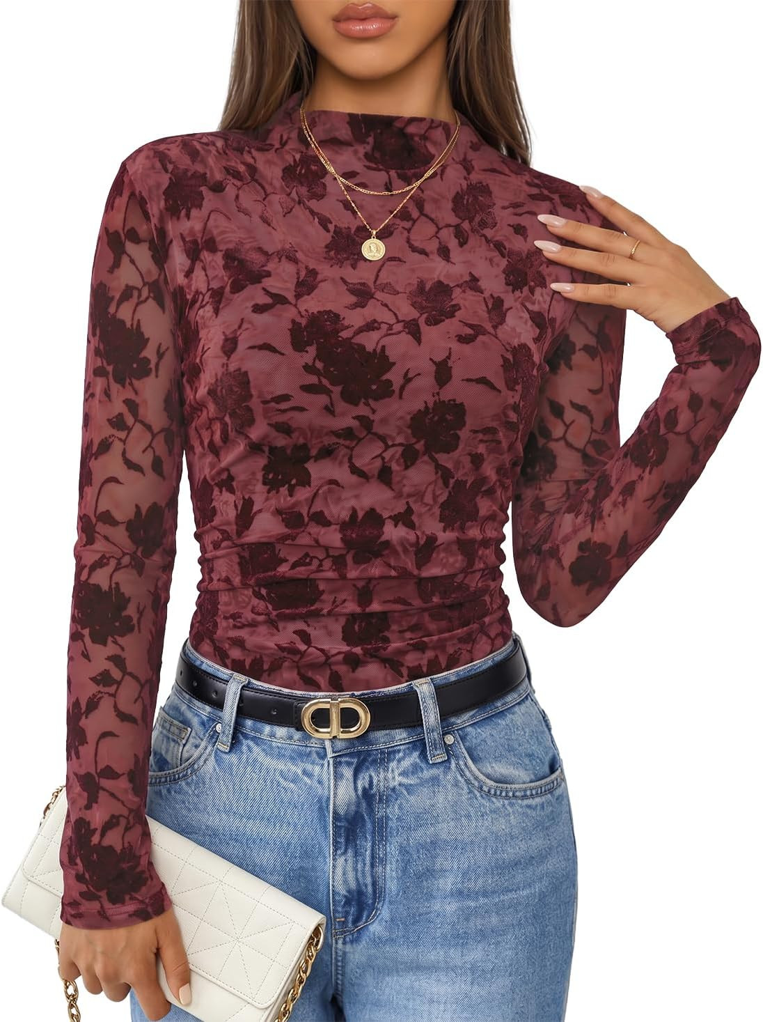 ZESICA Womens Fall Floral Long Sleeve Tops Mesh Fitted Shirts | Amazon (US)