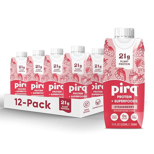 Pirq Plant Based Protein Shake, 21g Vegan Protein, 25 Superfoods, 0g Sugar, Dairy-Free, Gluten-Free, and Soy-Free, (12 Pack)(Strawberry) | Amazon (US)