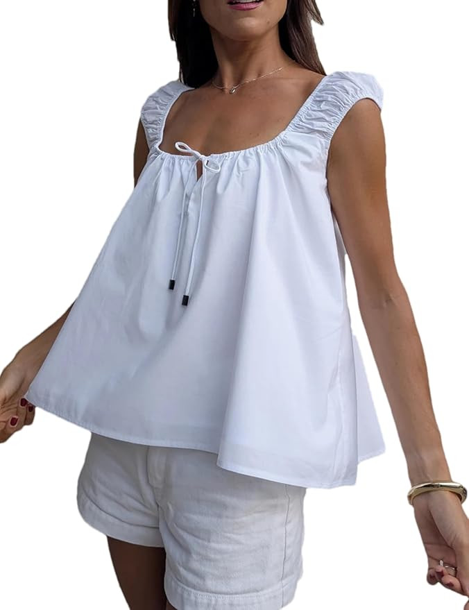 Women Summer Tie Front Babydoll Square Neck Shirt Pleated Tank Top | Amazon (US)