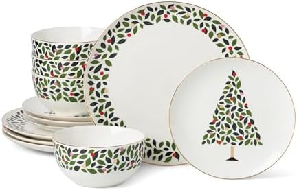 kate spade new york Evergreen 12-Piece Dinnerware Set, 12 Count, Ivory, Christmas, Holiday Hostin... | Amazon (US)