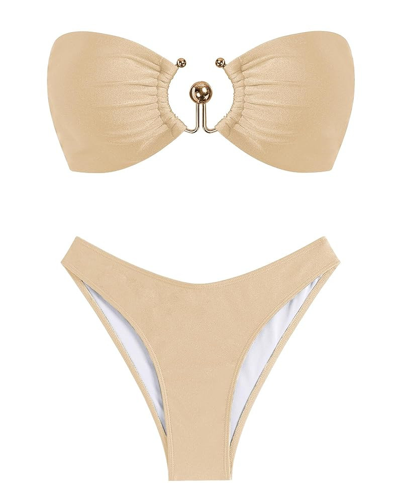 ZAFUL Womens Bandeau Bikini Set Metallic Sparkly O Ring Lace Up Tie Side High Cut Tanga Sexy Bath... | Amazon (US)