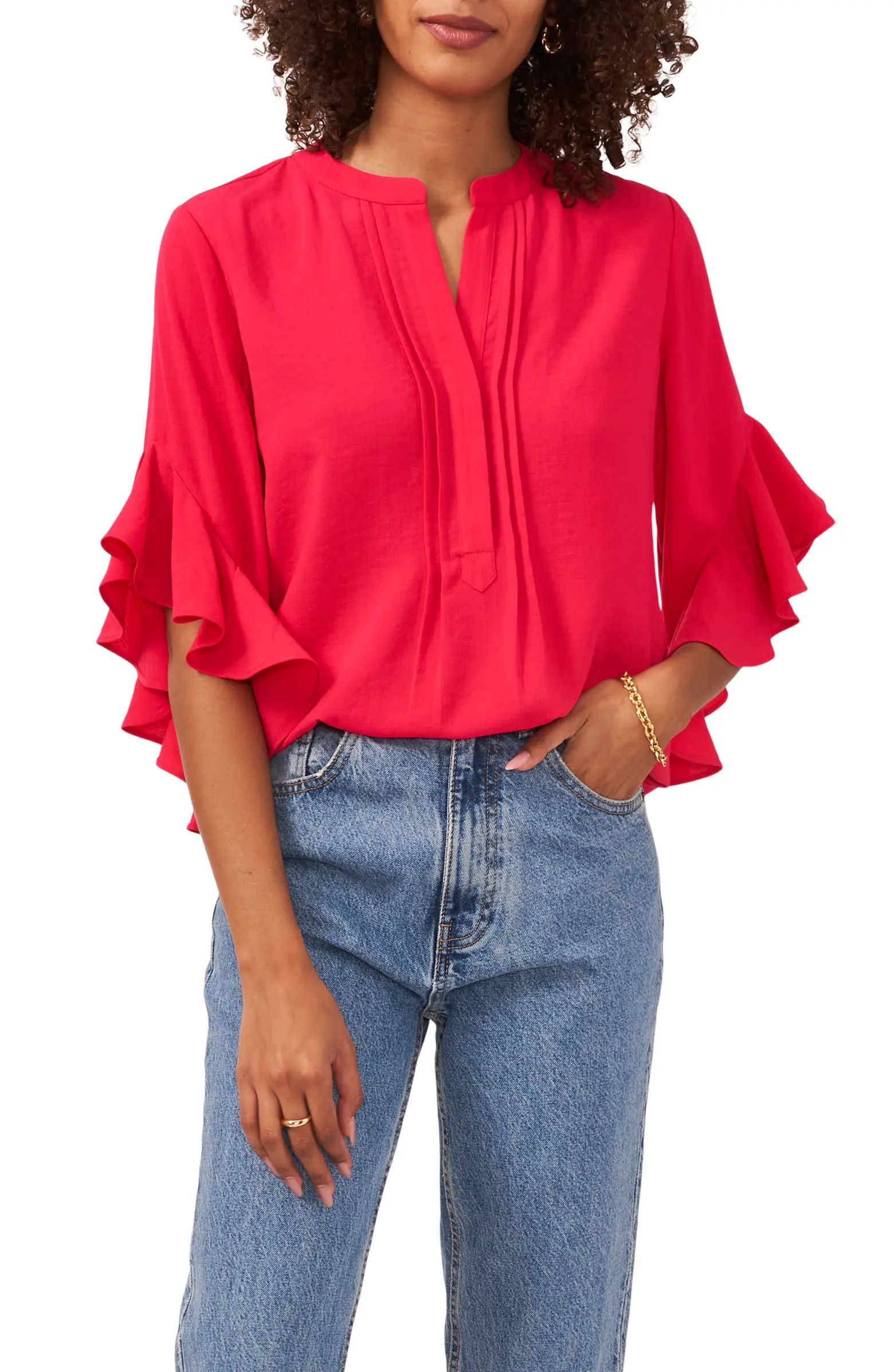 Ruffle Sleeve Split Neck Blouse | Nordstrom