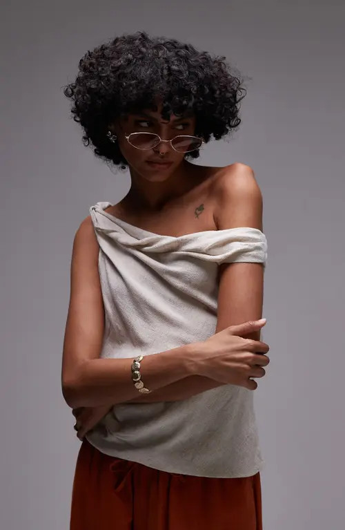 Topshop Twist Shoulder Asymmetric Woven Top in Beige at Nordstrom, Size 2 Us | Nordstrom