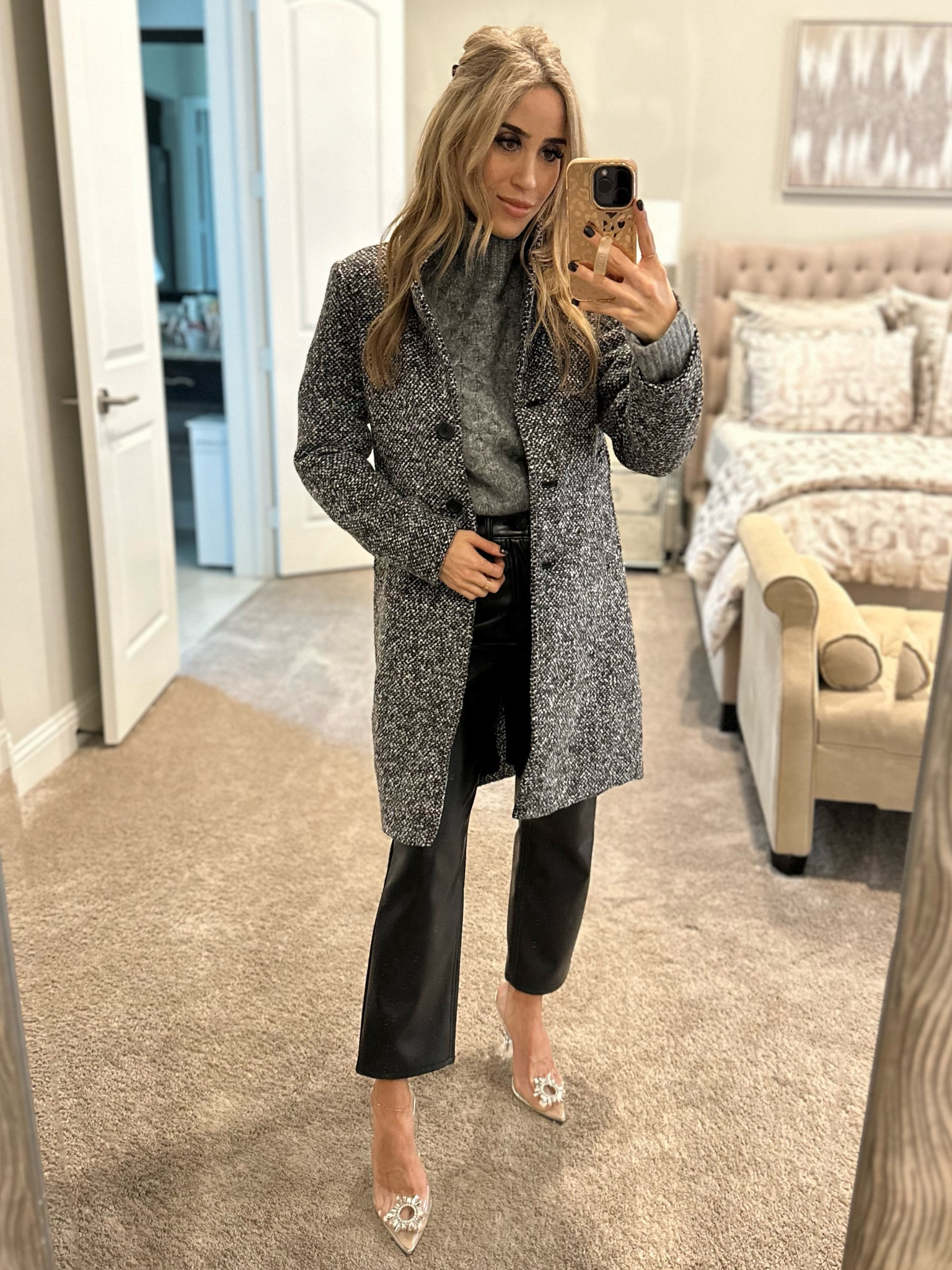 Grey winter coat size xxs petite, black faux leather ankle pants size 24 short 

#LTKfindsunder100 #LTKfindsunder50