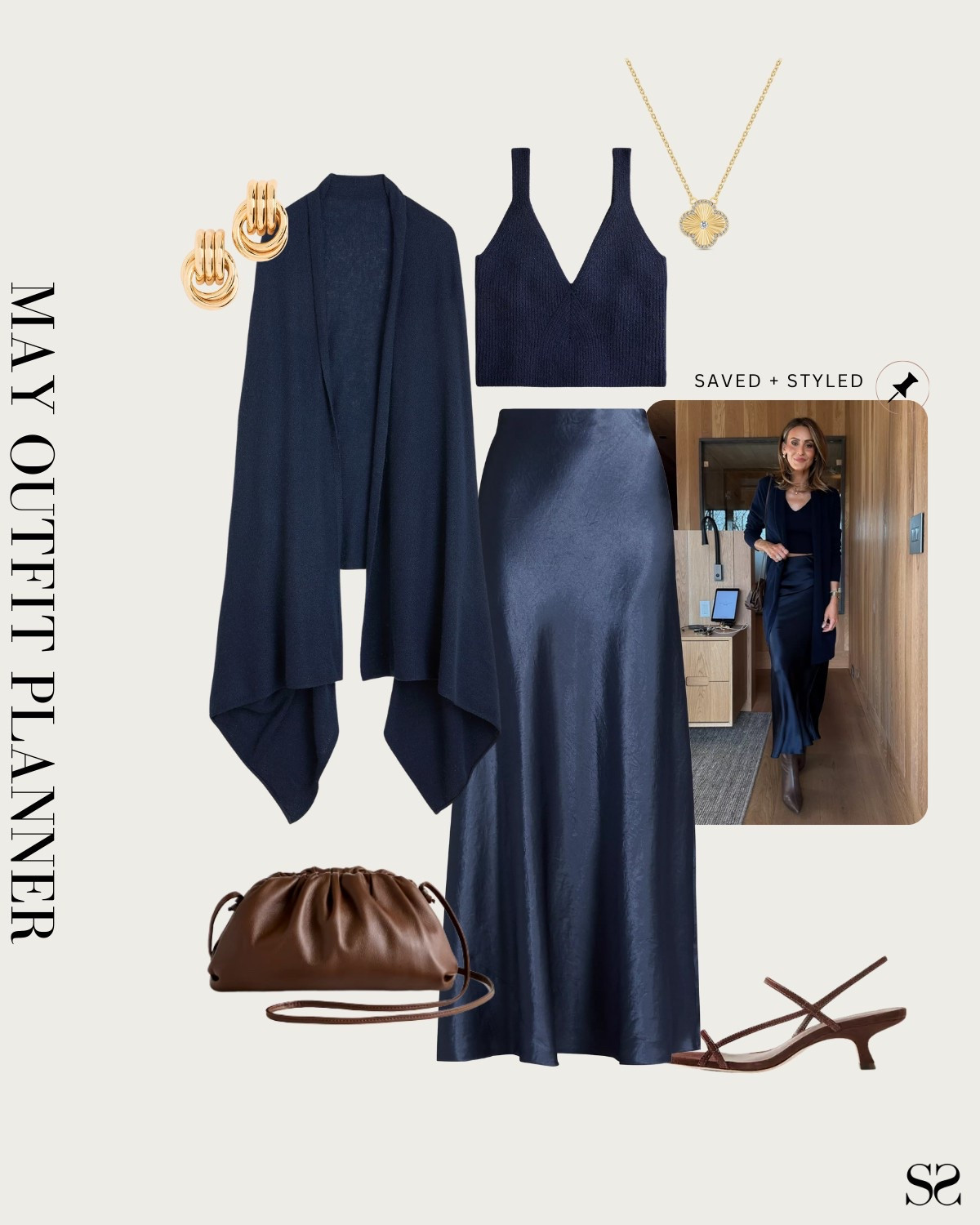 Monthly outfit planner MAY: Spring  looks, saved + styled outfit inspo | satin skirt, cashmere shawl, knit sweater tank, brown heels, handbag, date night, event outfit 

#springoutfit #casualchic  

Image credit: @karinastylediaries


#LTKStyleTip