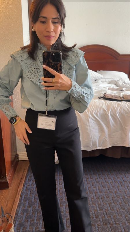 Work outfit for the achieve conference day 2! Wearing my blue Lacey sezane top and the Ciara black pants also from sezane. Size 4 in both true to size. Chloe loafers which are only available in resale now 

#LTKfindsunder100 #LTKstyletip #LTKworkwear