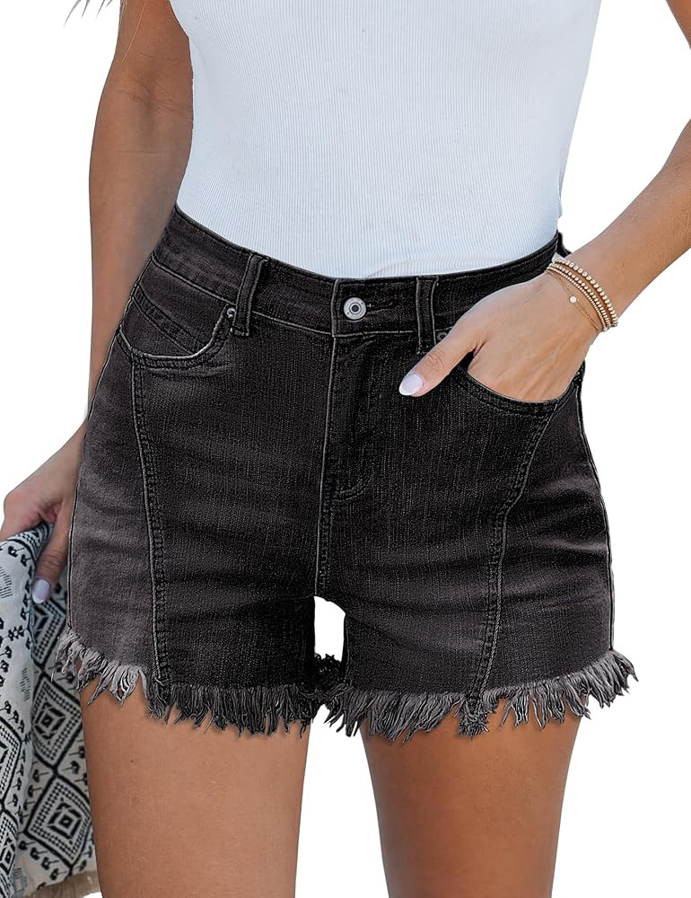 luvamia Jean Shorts for Women Trendy High Waisted Seamed Front Stretchy Denim Shorts Cut Off Fray... | Amazon (US)