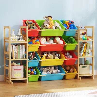 Large Toy Storage Organizer, 12 Removable Bins and 6 Open Shelving Units Combination, Natural Solid Wood Kids Bookshelf for Kids Room, Playroom, Multi | Wayfair North America