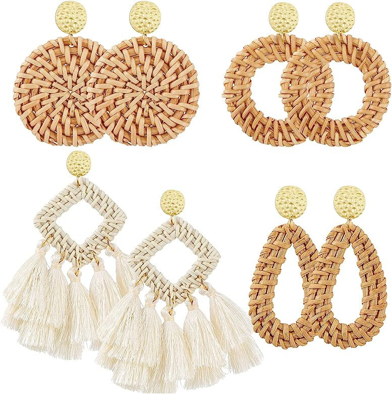 AIDSOTOU Rattan Earrings for Women Lightweight Geometric Statement Earrings Handmade Straw Wicker... | Amazon (US)