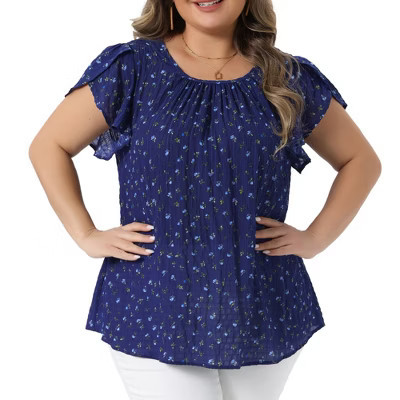 Women's Plus Size Floral Pleated Front Crew Neck Tulip Sleeve Dressy Summer  Blouse - Agnes Orinda 4X Dark Blue | Target