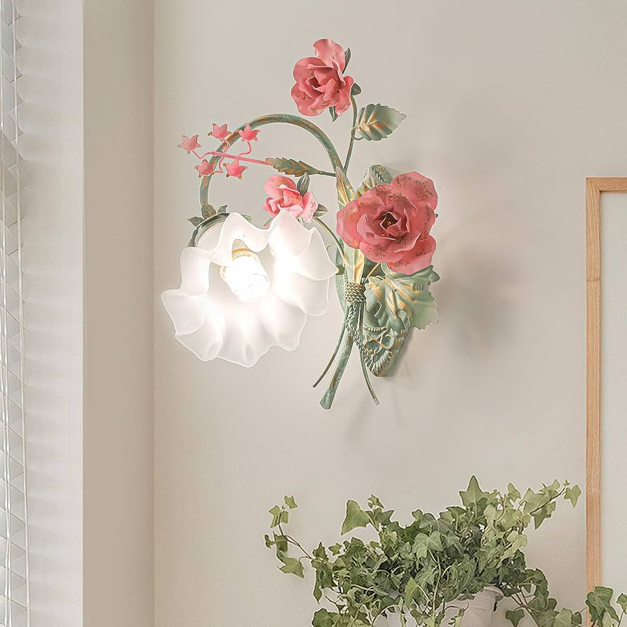 Vintage Floral Wall Sconce,Metal Wall Lamp with Glass Lampshade,Mounted Wall Lights for Bedroom L... | Amazon (US)