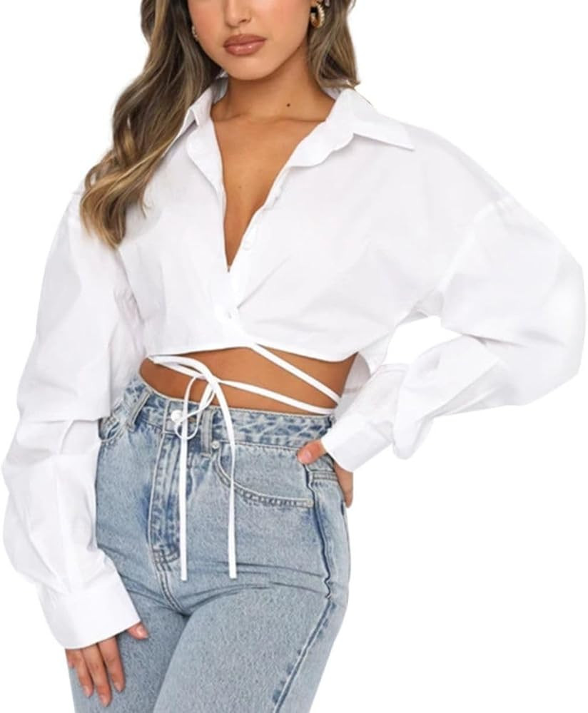 Women's Cropped Shirt Long Sleeve Button Down Lapel Belted Bodycon Crop Tank Tops Cut Out Y2K Blouses Tee Shirts | Amazon (US)