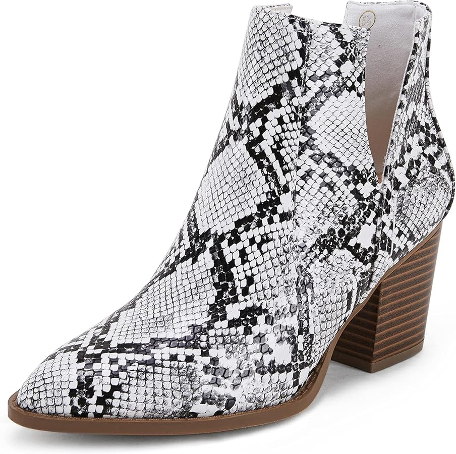 FISACE Womens Pointed Toe Stacked Mid Heel Ankle Boots V Cut Back Zipper Faux Leather Booties | Amazon (US)