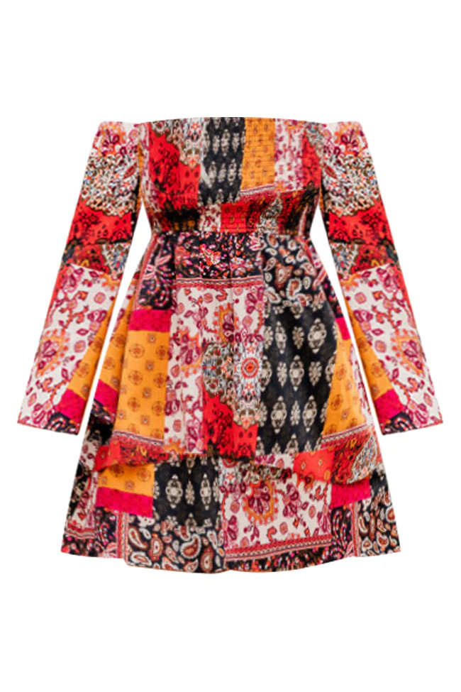 Found Love At Last Red Off The Shoulder Patchwork Print Mini Dress | Pink Lily