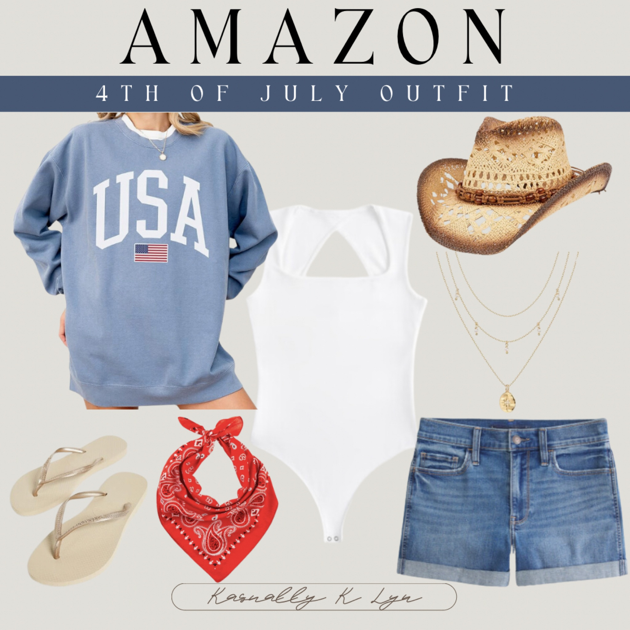 Amazon 4th of July Outfit Inspo!!women’s ripped mid rise distressed stretchy denim jean shorts. square neck white fitted tank top. straw cowboy hat. Women’s tan slim flip flops. red bandana versatile scarf. USA flag Sweatshirt for 4th of July. gold plated layering necklaces with pendant bar. 


#LTKFindsUnder50 #LTKStyleTip #LTKSummerSales