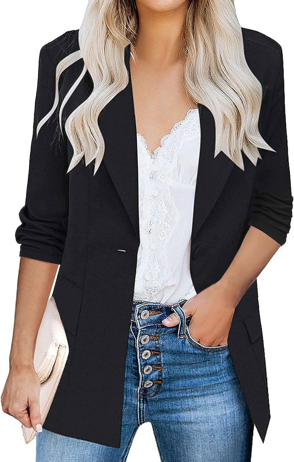Womens Casual Blazers 3/4 Stretchy Ruched Sleeve One Button Work Office Blazer Open Front Jacket ... | Amazon (US)