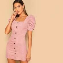 Single Breasted Puff Sleeve Corduroy Fitted Dress | SHEIN