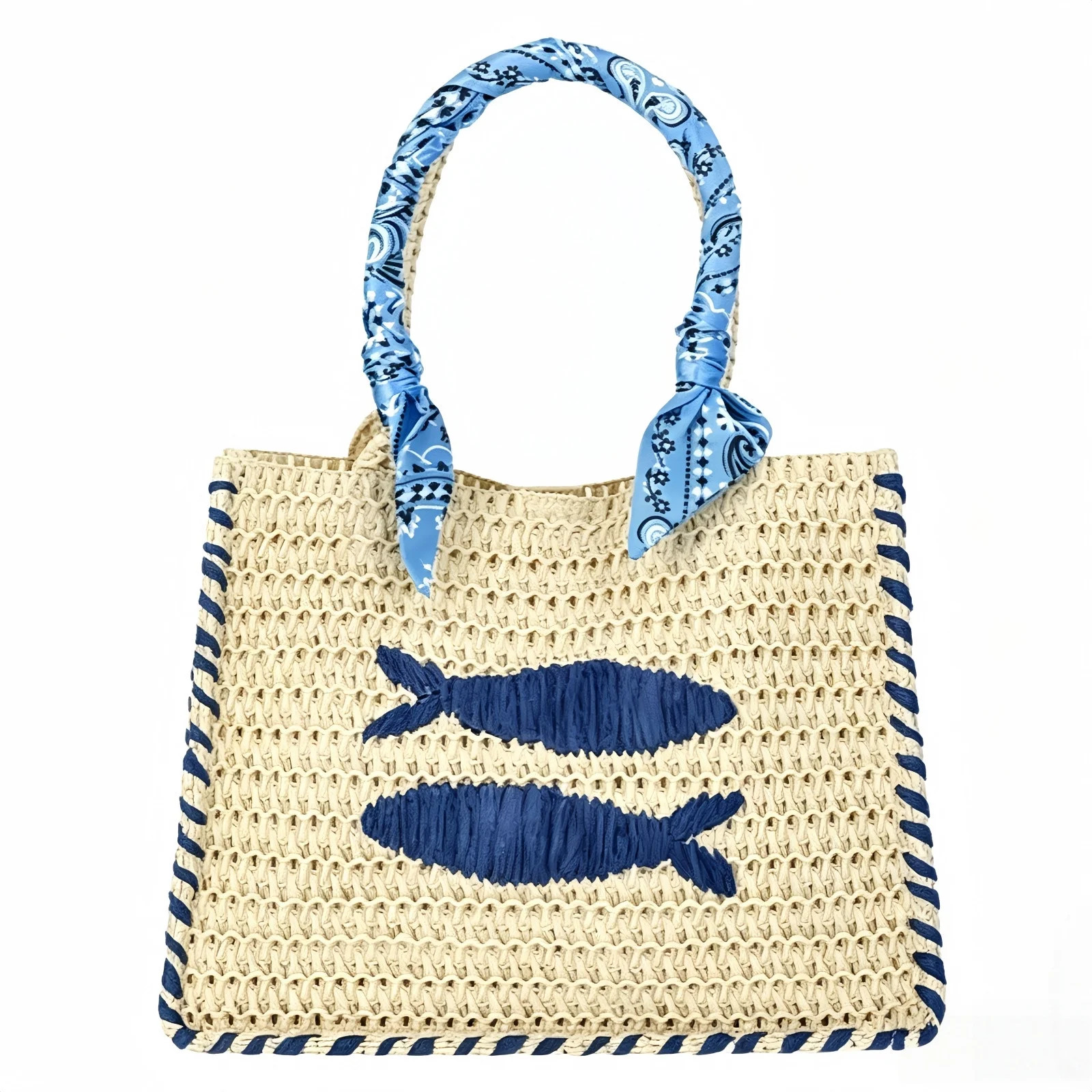 Ladies Straw Handbag with Fish Embroidery, Natural Woven Beach Tote, Bohemian Raffia Shoulder Bag... | Walmart (US)
