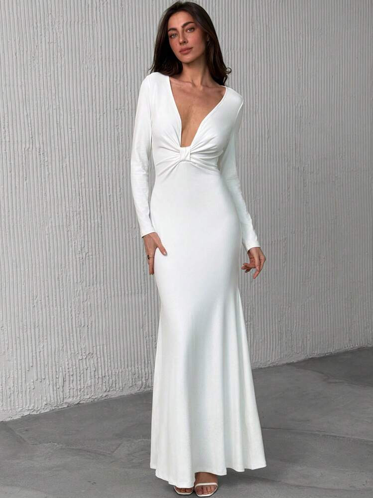 Aloruh Women's Elegant Long Mermaid Silhouette Dress, Fitted Sexy Deep V Neck Solid Color Versatile Party Dress | SHEIN