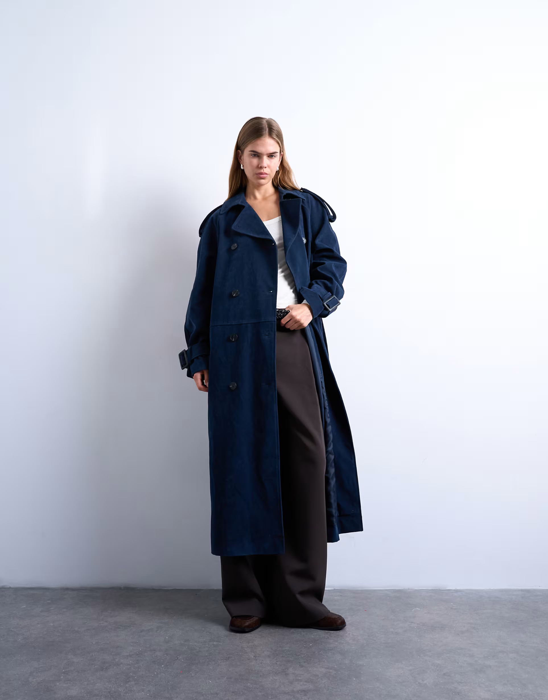 Topshop longline oversized faux suede trench coat in navy | ASOS | ASOS (Global)