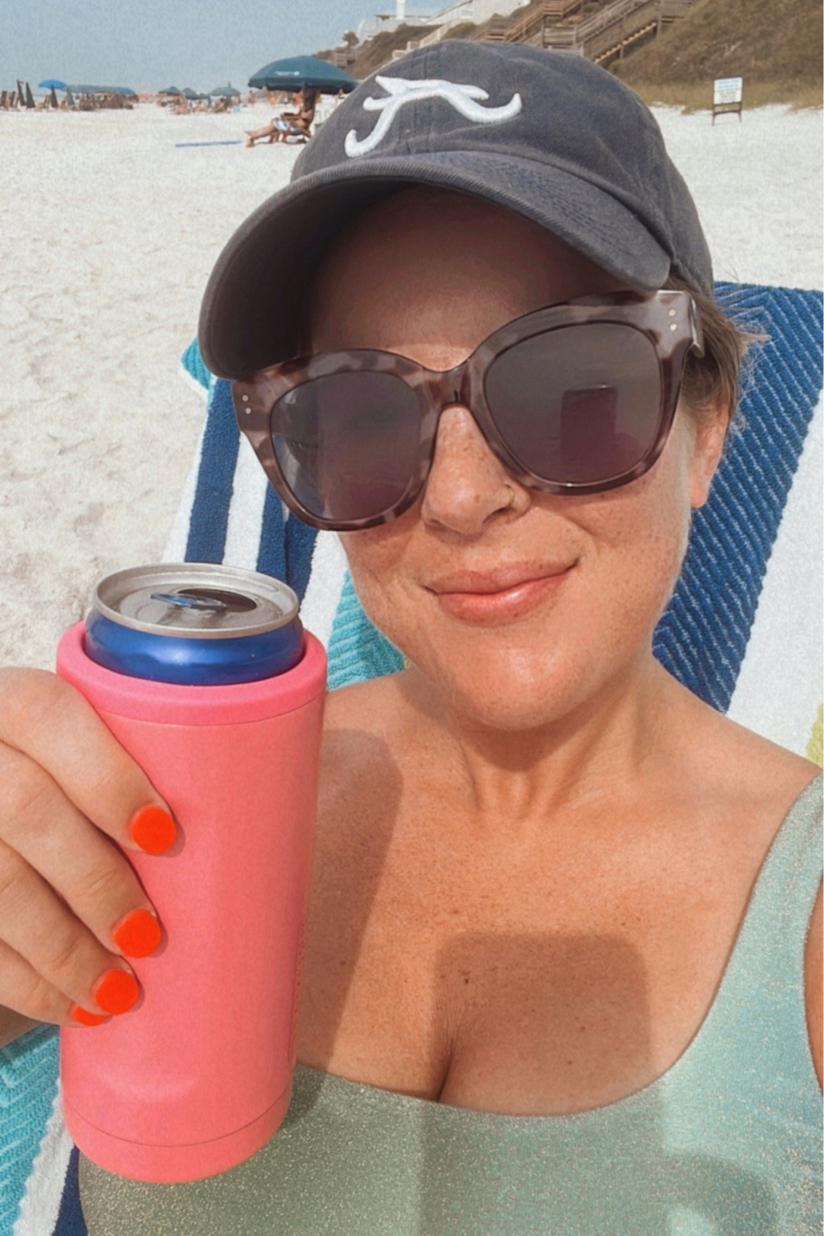 Beach day outfit! Glittery high leg one piece swimsuit. Baseball cap. Grimace slim can coozie  

#LTKSeasonal #LTKswim #LTKsalealert