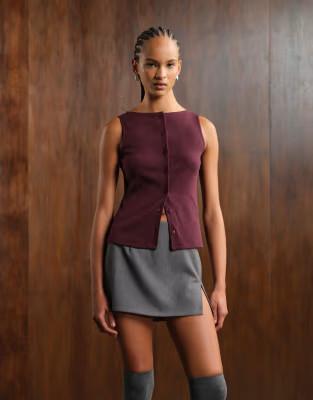 ASOS DESIGN wide neck ribbed button through tank top in plum | ASOS (Global)