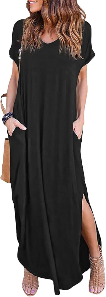 Arolina Women's Summer Maxi Dress Short Sleeve V Neck Casual Loose Long Beach Split Dresses with ... | Amazon (US)