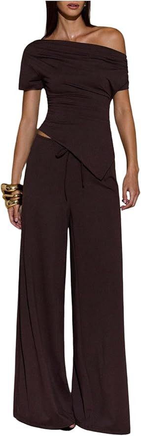 SweatyRocks Women's Off Shoulder 2 Piece Outfits Asymmetrical Ruched Short Sleeve Tops and Wide L... | Amazon (US)