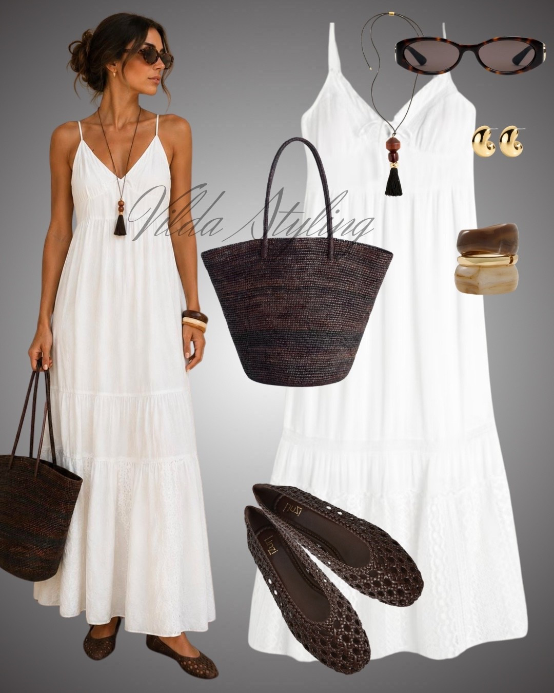 Effortless Summer Elegance 🤍✨ Dreaming of warm days in this gorgeous white tiered maxi dress. Paired it with a dark woven tote, matching woven flats, and chic gold and resin accessories for the perfect vacation vibe. Shop this full look via the link in my bio! ☀️🌴 #LTKunder100 #SummerStyle #VacationLook #MaxiDress

#LTKsummer #LTKdresses #LTKstyletip