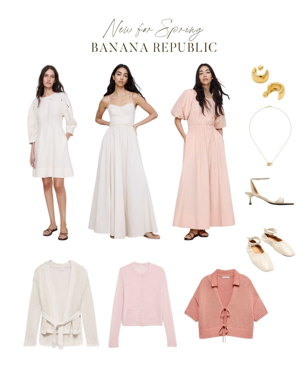 New spring arrivals from Banana Republic and this collection did not disappoint. White, cream, and soft shades of pink in versatile, high-quality pieces that work just as well for family photos as they do for a spring wedding, brunch, or any occasion that calls for something a little polished. Each dress pairs beautifully with one of the cardigans if you want a layering option, and the accessories pull the whole look together. These are the kinds of pieces you reach for all season long. 

 #LTKSeasonal #LTKOver40