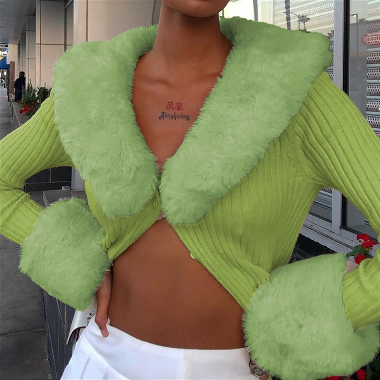 Women Sexy Knitted Crop Top Y2k Long Sleeve Detachable Fur Trim Cardigan Coat E-Girl Button Down ... | Amazon (US)
