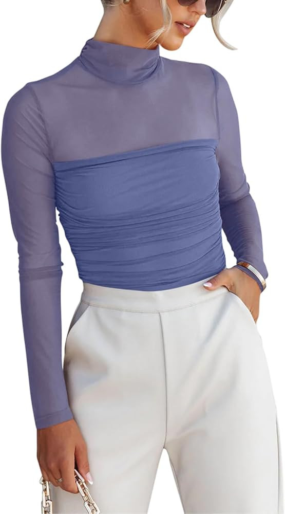 REORIA Women’s Trendy Sexy Mock Turtle Neck Long Sleeve Sheer Mesh Ruched Going Out Bodysuits T... | Amazon (US)