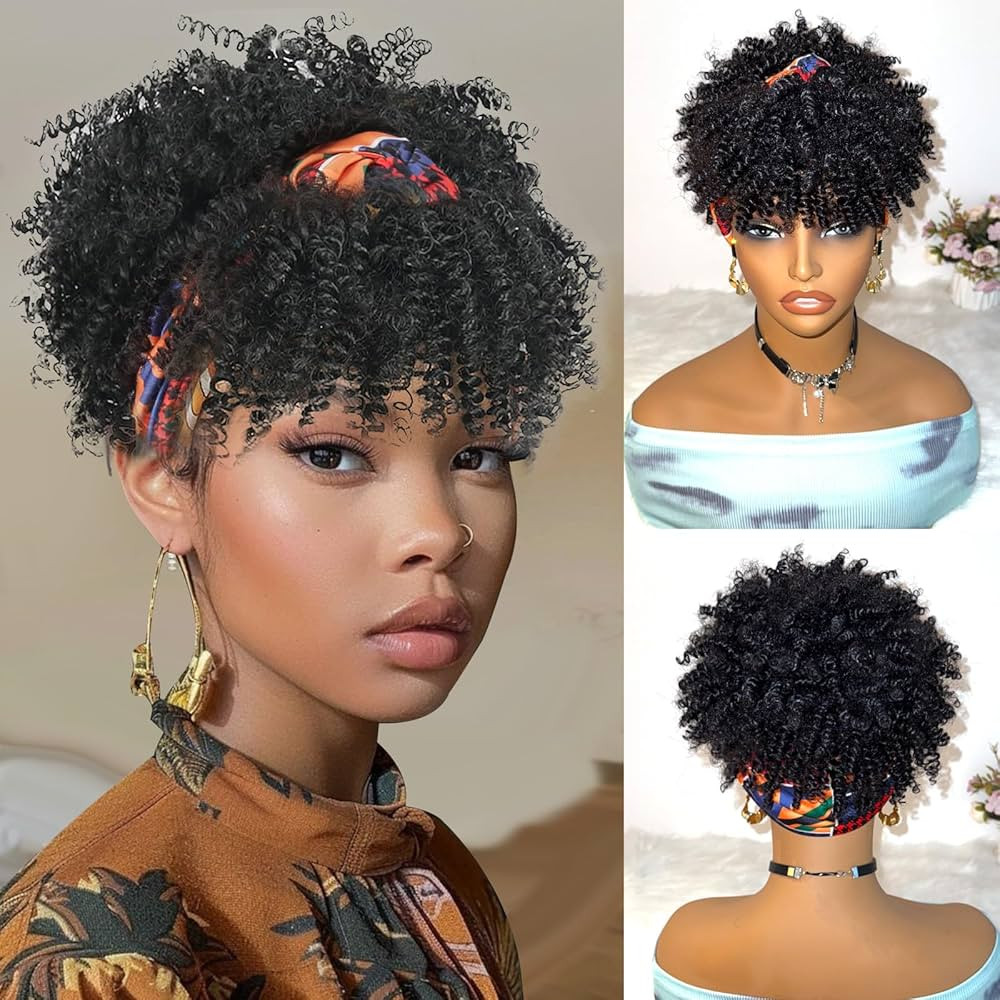 Amazon.com : DEYNGS Afro Headband Wig Black Kinky Curly Wigs with Bangs Short Afro Puff Wig Head Wrap 2 in 1 for Women Curly Headband with Bangs Synthetic Half Wigs : Beauty & Personal Care | Amazon (US)