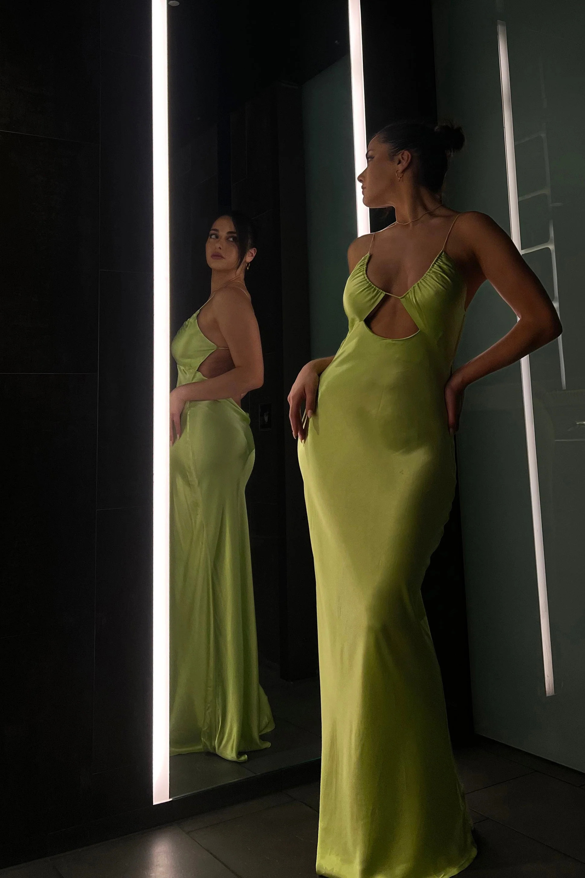 Sadie Maxi Satin Halter Ruched Slip Dress - Pistachio Green | MESHKI US