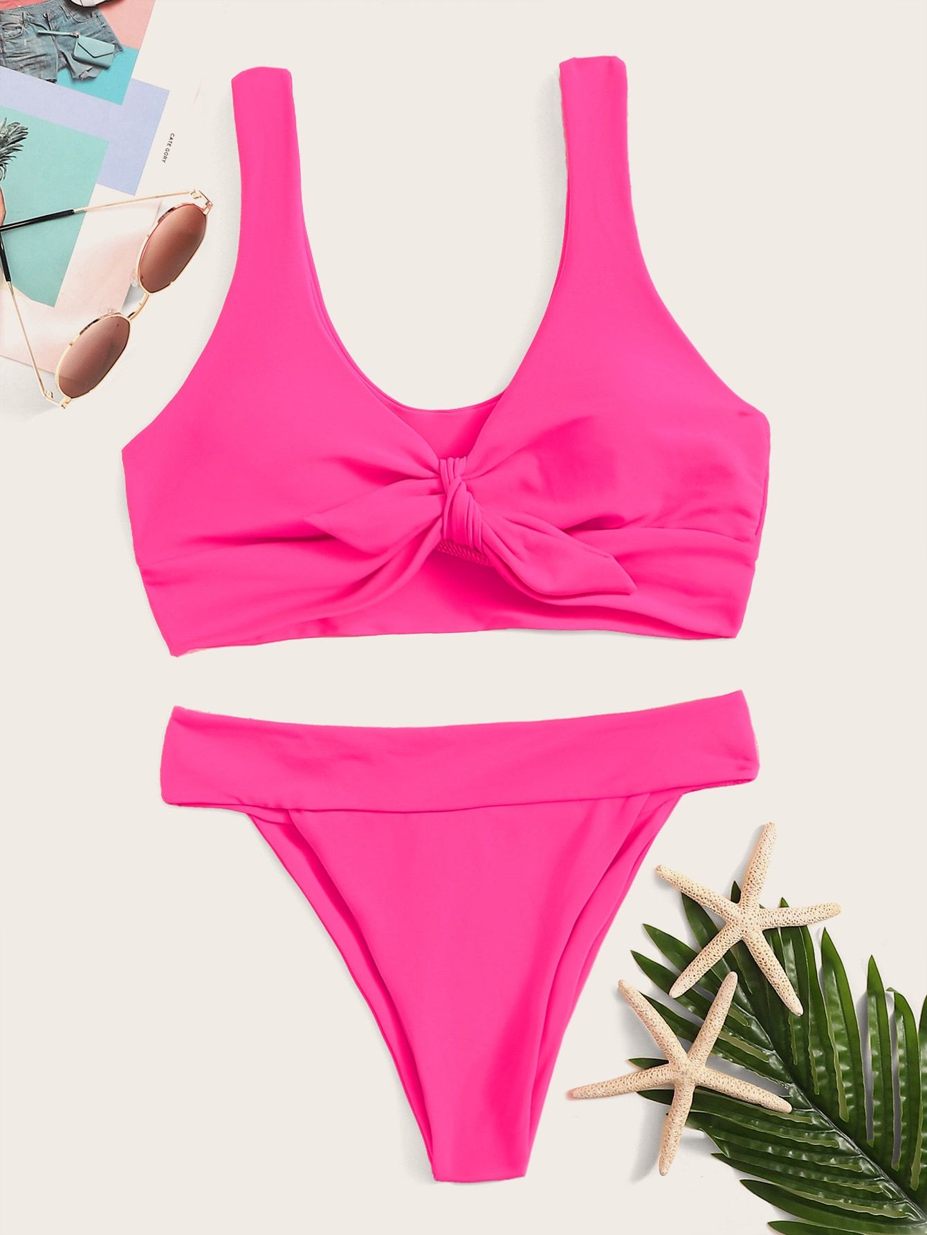 Neon Pink Tie Front Top With Tanga Bikini Set | ROMWE