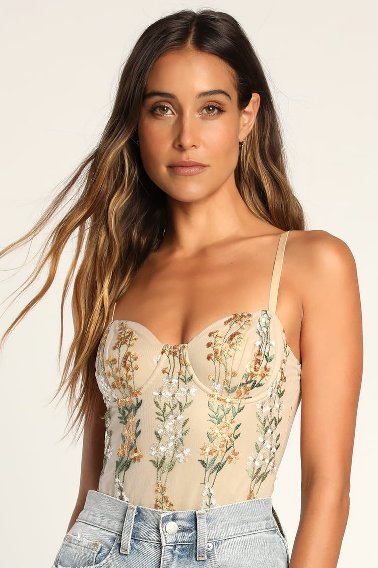 Essence of Elegance Beige Embroidered Bustier Bodysuit | Lulus