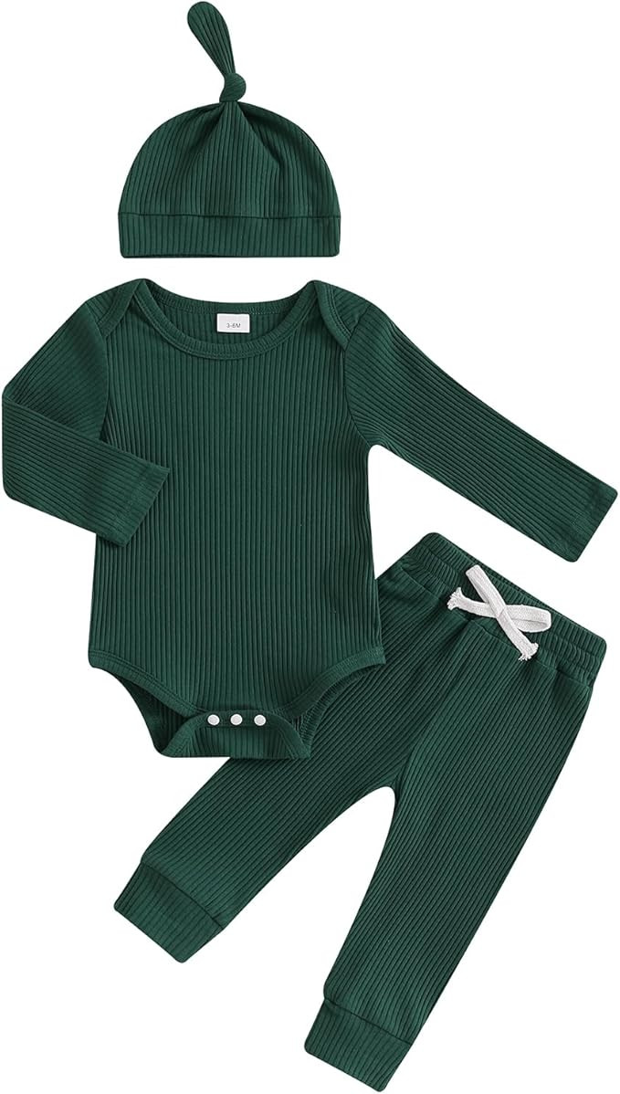 Newborn Baby Boy Girl Outfits Long Sleeve Striped Ribbed Knitted Romper Pants Hat 3Pcs Infant Fal... | Amazon (US)