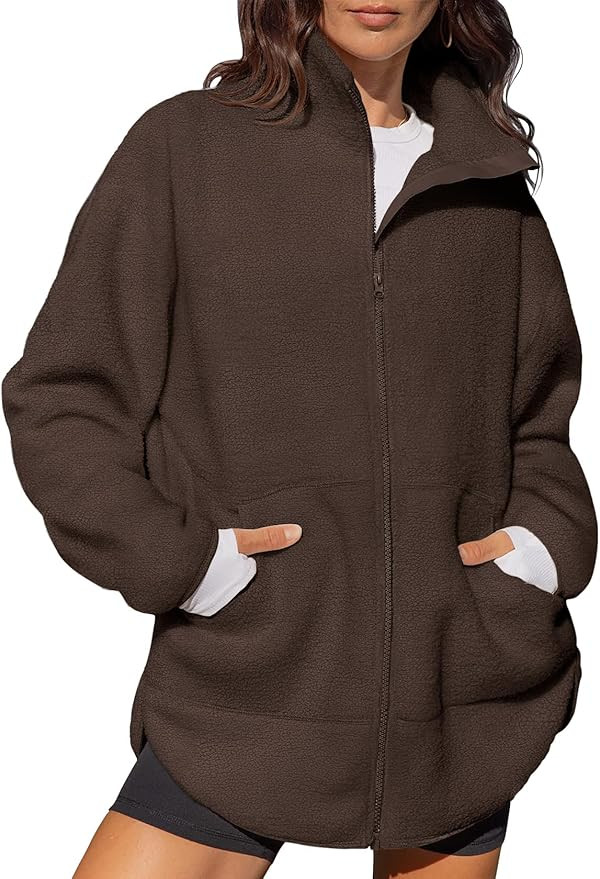 LASLULU Womens Full Zip Fleece Long Jacket Sherpa Oversized Sweatshirts Stand Collar Winter Coat ... | Amazon (US)