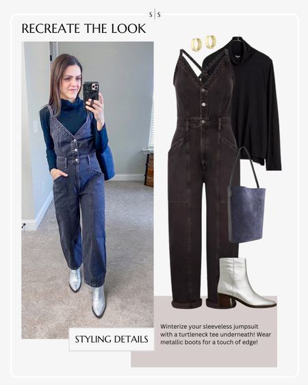 Winter outfit idea | Winterize your sleeveless jumpsuit with a turtleneck tee underneath! Wear metallic boots for a touch of edge! 

Denim jumpsuit, turtleneck tissue tee, metallic boot, bucket bag 

#LTKstyletip