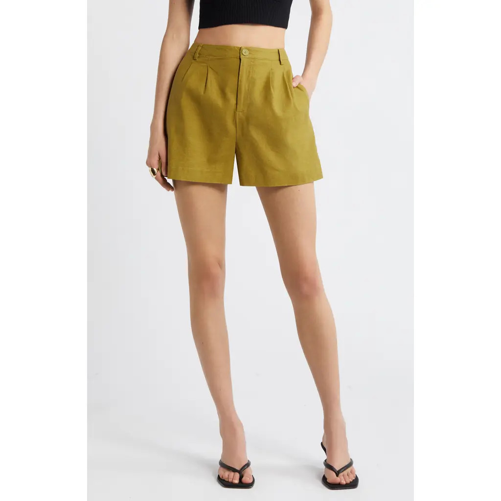 Open Edit High Waist Linen Blend Shorts in Olive Eyes at Nordstrom, Size 10 | Nordstrom
